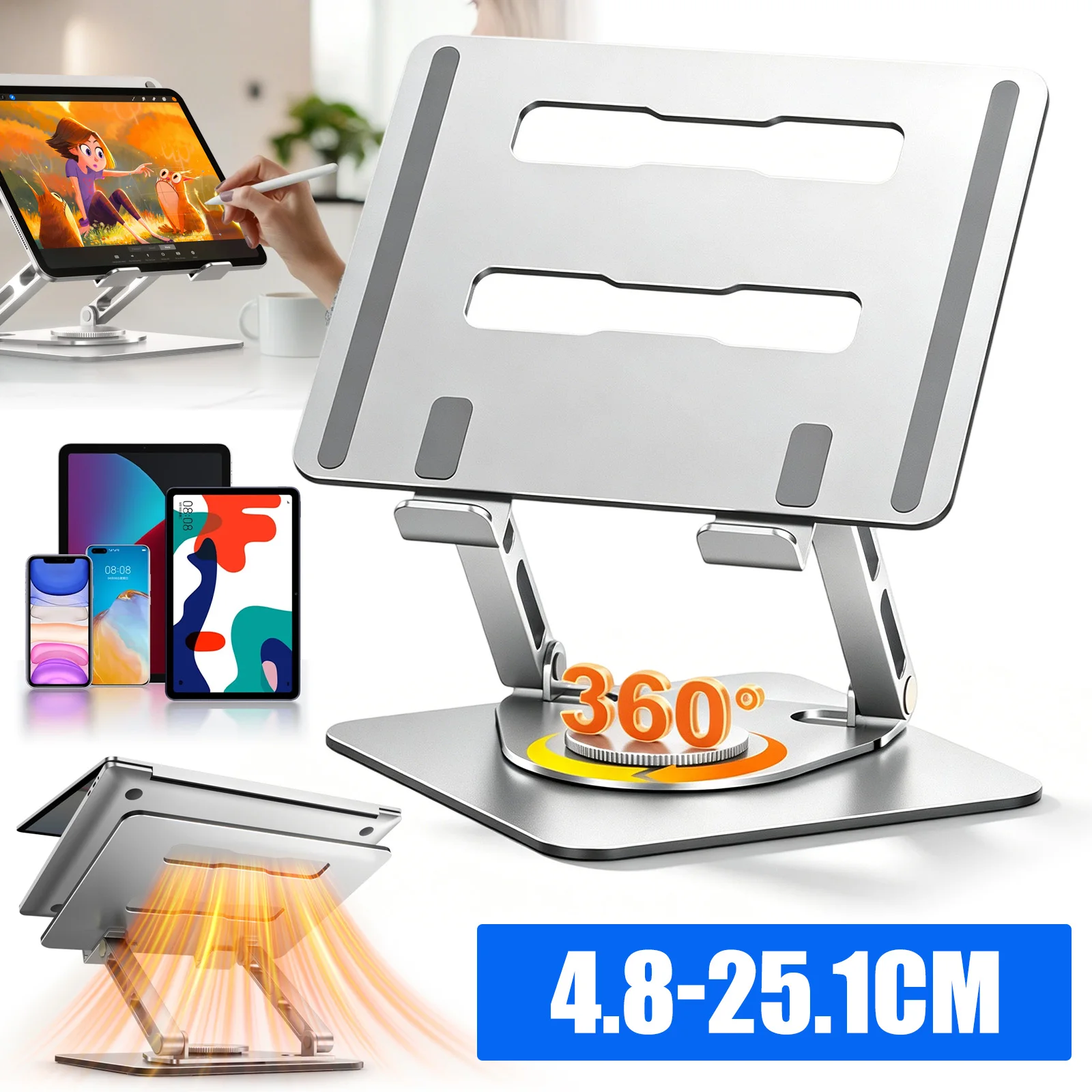 Laptop-Ständer 360 °   Drehbare, höhenverstellbare, ergonomische Kühlbasis aus Aluminiumlegierung für 10-16 Zoll Notebooks und Tablets, faltbarer Ständer mit Belüftung, robust, rutschfest, tragbar für