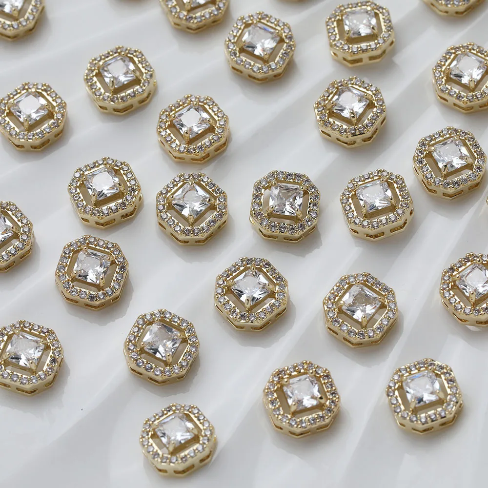 4PCS 14K Gold Plated Oval Aquare Rectangular Beads Brass Inlaid Zircon Jewelry DIY Making Supplies Accessories