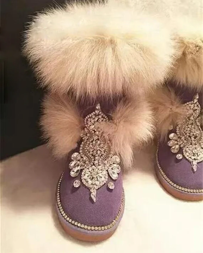 

Lavender Purple Suede Rhinestone Fox Fur Wrapped Snow Boots Woman Round To Winter Plush Fur Inside Warm Boots Shoes