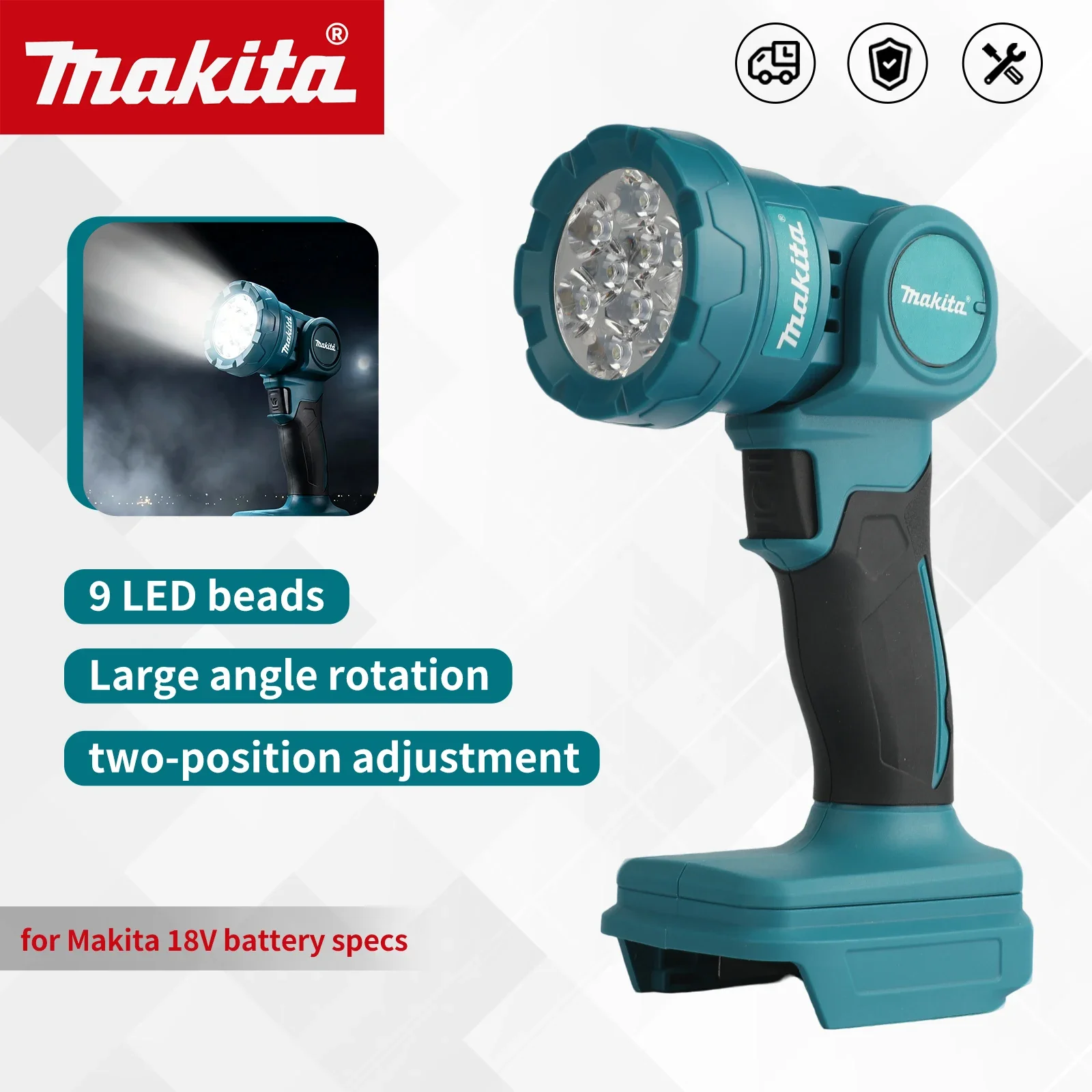 For Makita ML815 LED Cordless Work Flashlight,9 LED Beads,Big Angle Rotation,Two-Position Adjustment Portable Hand Held Lamp