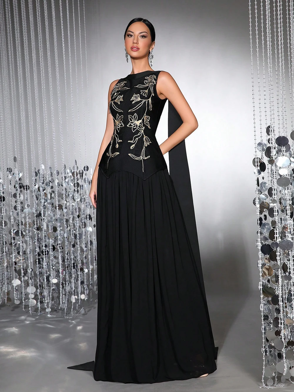 Modphy High-Quality Black Embroidered Ribbon Slim Fit 2-Piece Dress For Women'S Sleeveless Elegant Celebrity Evening Party Gowns