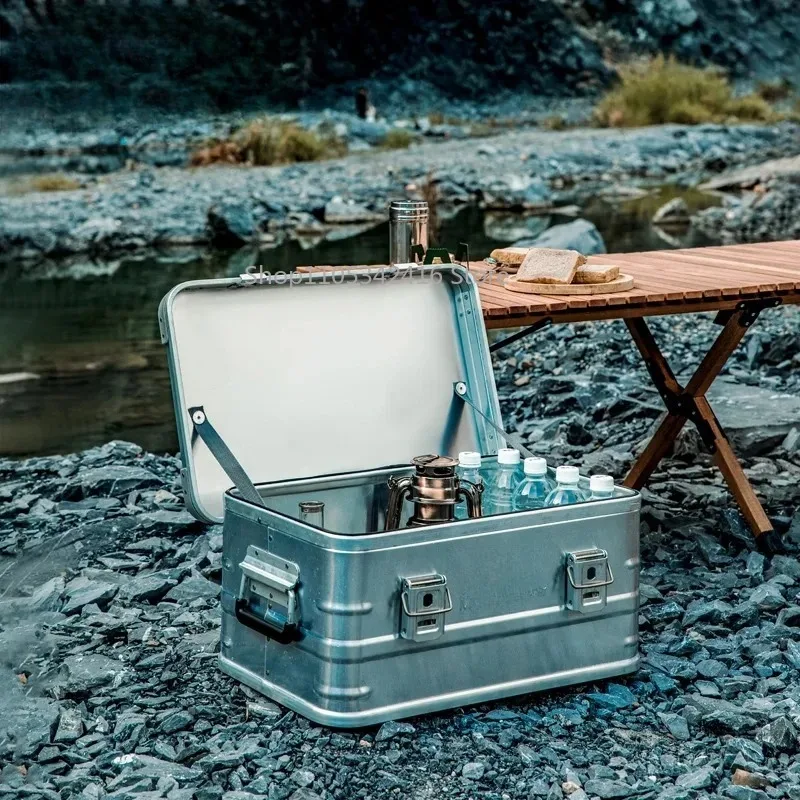 60-80L Large Capacity Outdoor Storage Box Aluminum Alloy Camping Picnic Travel Organizer with Accessory Bag