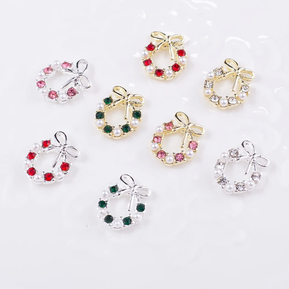 10pcs Zircon Garland Bowknot Nail Art Charms 3D Christmas Wreath Design  Nail Decoration DIY Luxury Xmas Nail Accessories