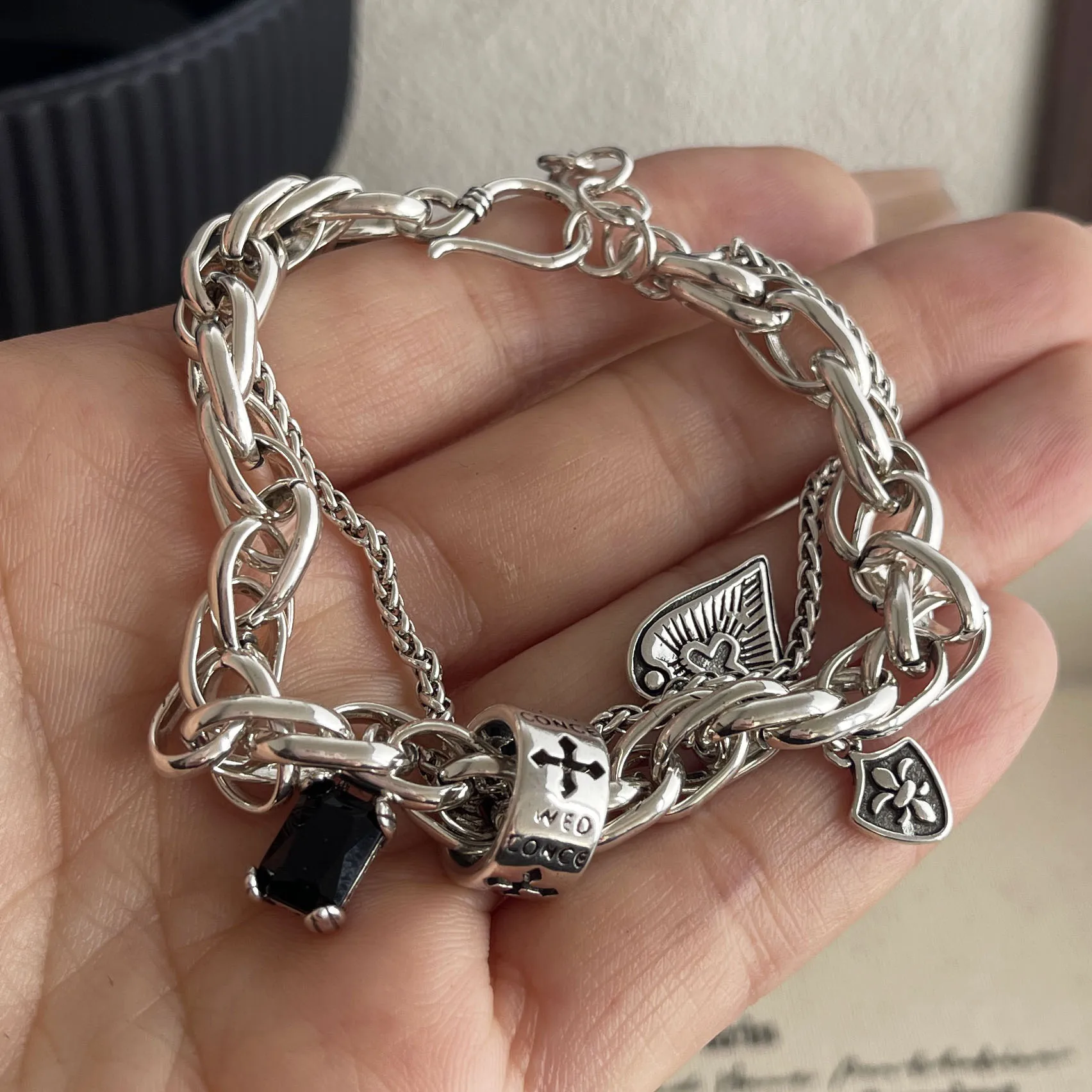 100% Solid 925 Sterling Silver Retro Bracelet for Women Men Vintage Handmade Heart Tassel Bracelet Birthday Gift