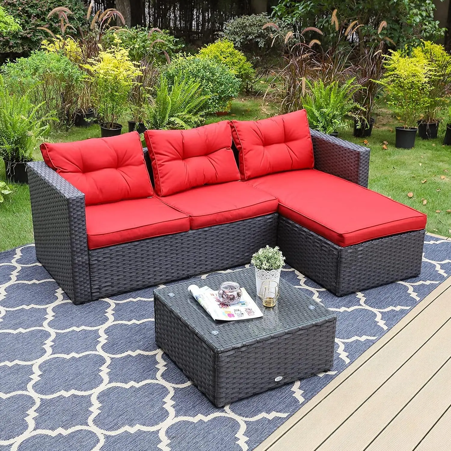 Patio Sectional Clearance Manual Weaving Wicker Rattan Small L-Shaped Outdoor Furniture Sofa Set with Upgrade Rattan (3 Piece）