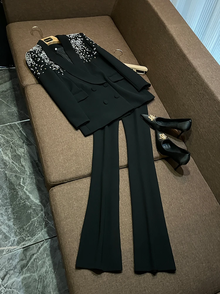 

Ele Slimming Design Heavy Embellied Diamond Suit Jaet And Pants Two-Piece Set Luxury Faion Women's Clothing