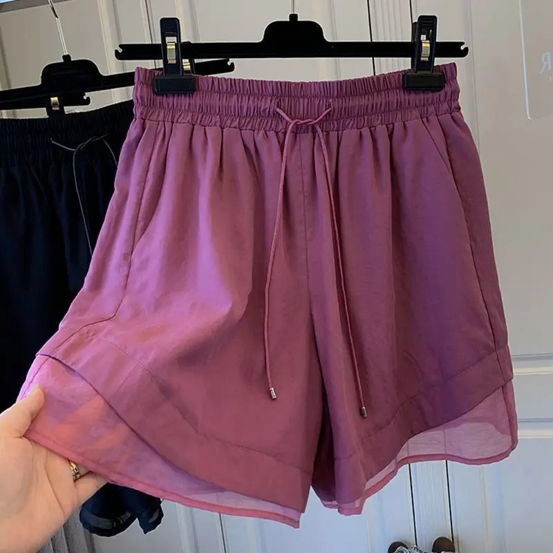 Shorts retalhados de laço feminino, elástico na cintura, monocromático, solto, plus size, calções esportivos que combina com tudo, moda casual, roupas femininas, novo, verão