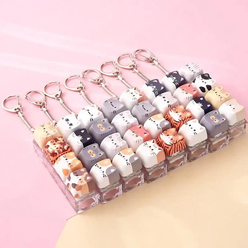 Cute Cat 4 Buttons Fidget Keychain Keycap Decompression Toy Mini Key Ring Accessory Pendant for Stress Relief Gifts