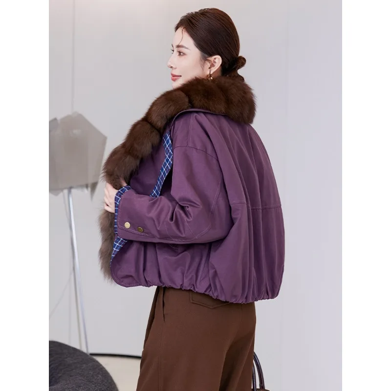 Piumino corto da donna 2025 abbigliamento invernale nuovo collo in pelliccia di volpe rimovibile piumino in pelliccia d'oca Haining