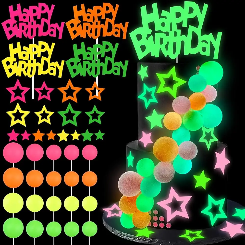 

Набор из 40 светящихся украшений для торта: шары, звезды и топперы «С Днем Рождения» для неоновых тортов и вечеринок с черным светом