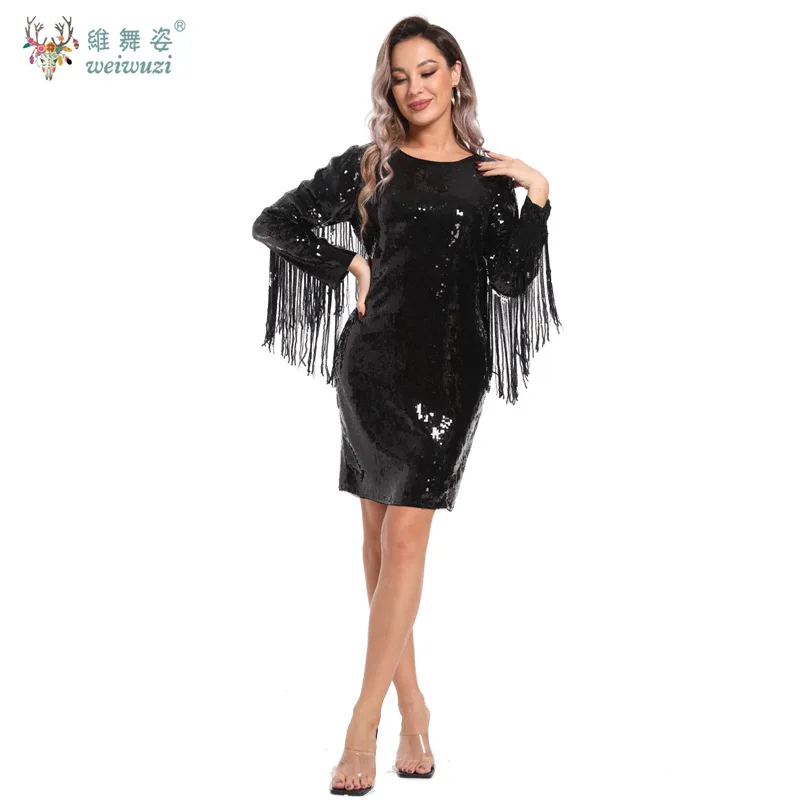 패션 고딕 스타일 라운드 넥 스팽글 술 긴 소매 슬림 볼 드레스 엉덩이 스커트 빛나고 반짝임