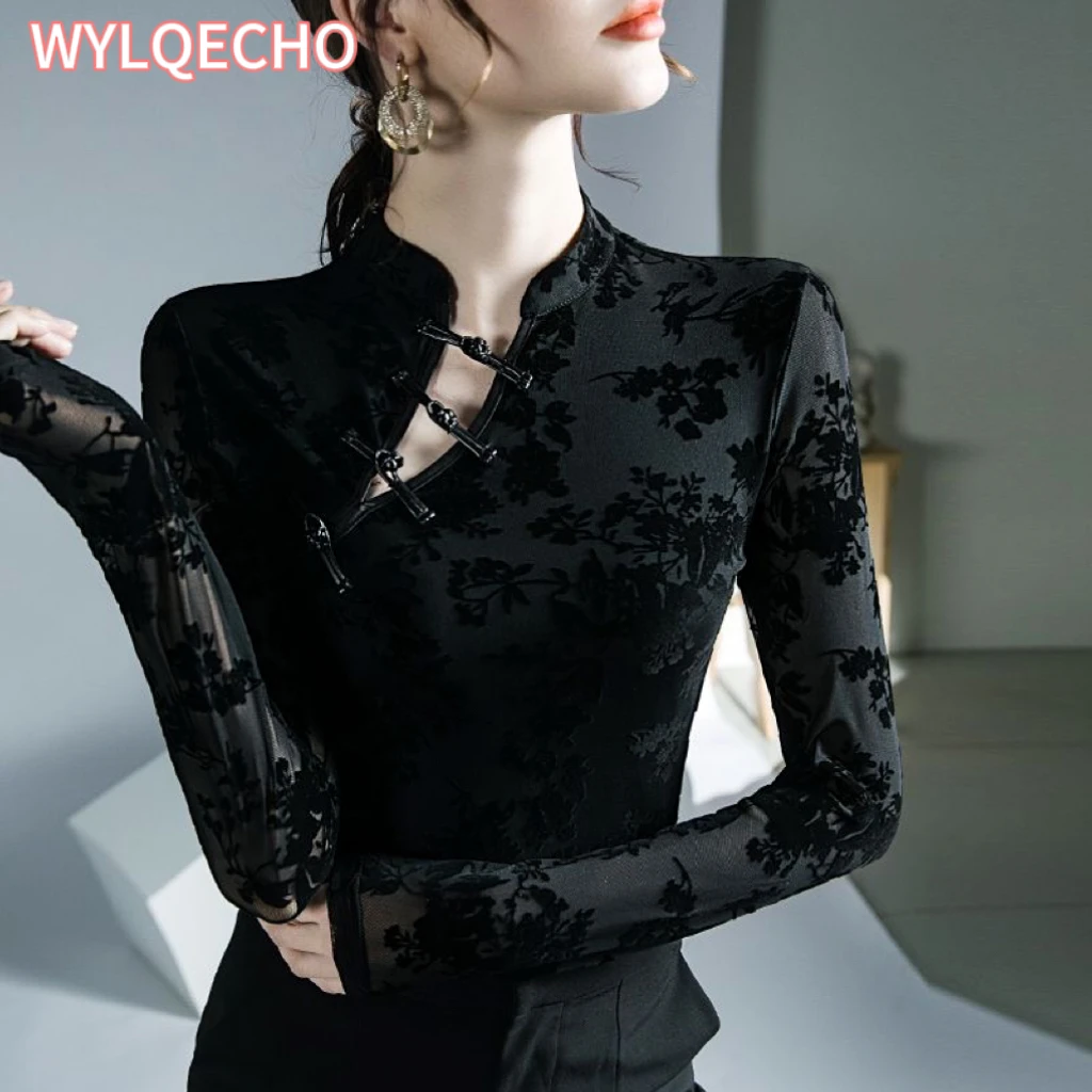 2023 Women Chinese Vintage Base Shirt Sexy Lace Top National Ethnic Velvet Shirt Oriental Retro Tang Suit Traditional OL Shirt