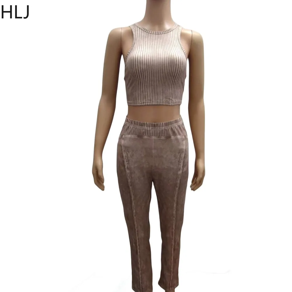 HLJ Ribbing Women Tracksuit Round Neck Solid Color Sleeveless Tank Top and Leggings Fitness Two Pieces Pants Set Street Outfits