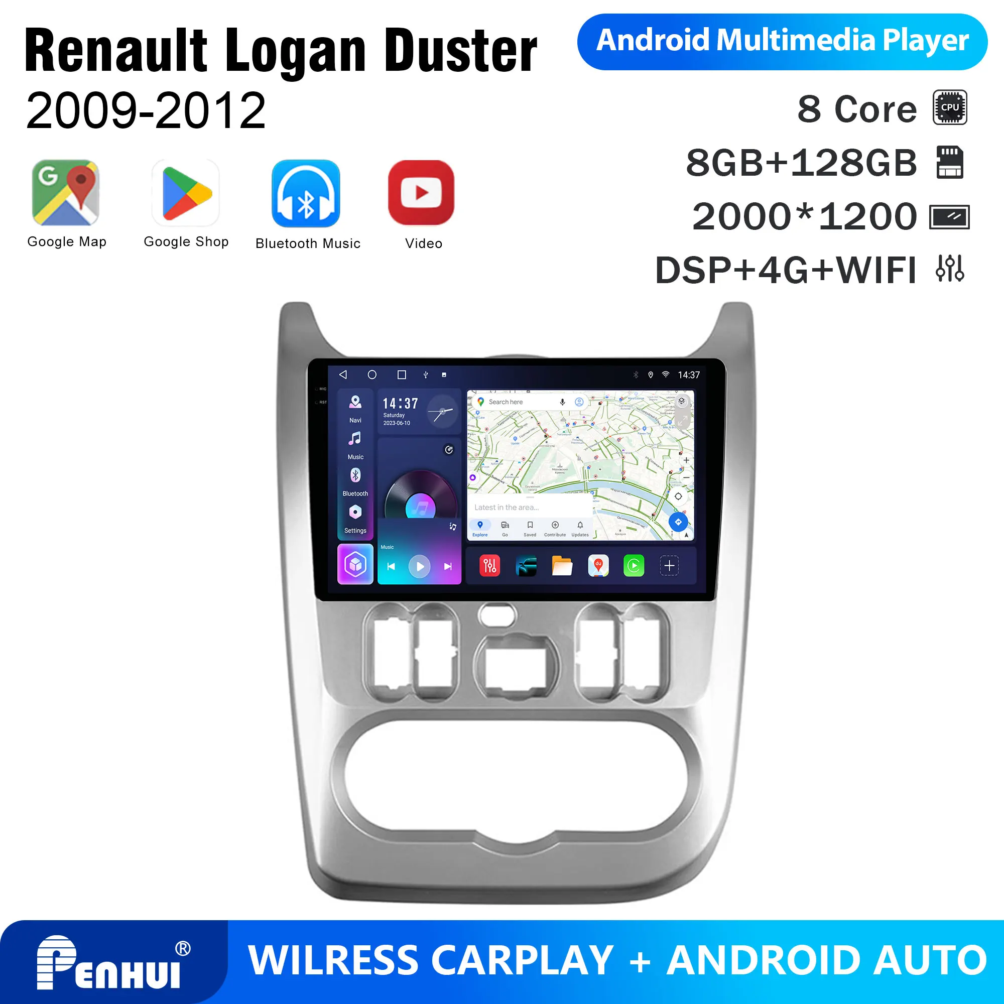 Penhui Android Car DVD Player 2 Din for Renault Logan Duster 2009-2012 Multimedia Screen with DSP, Bluetooth, Audio & CarPlay