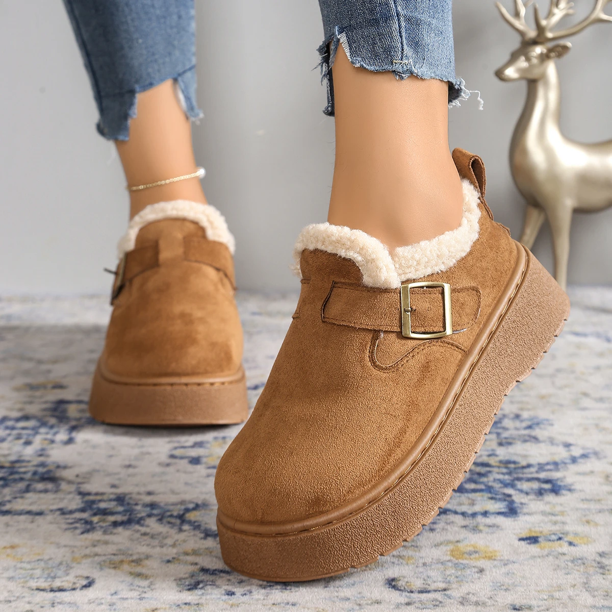 

Женские зимние ботинки, зимние туфли на толстом каблуке с резиновой подошвой, женские ботильоны с утолщенным мехом, новинка 2025 года, женская обувь без шнуровки в римском стиле