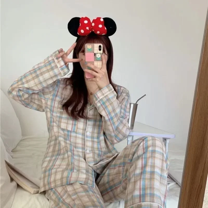 Pajamas Female Autumn and Winter Long-Sleeved Sweet Homewear Two-Piece Tide Cardigan Lapel Plaid Homewear