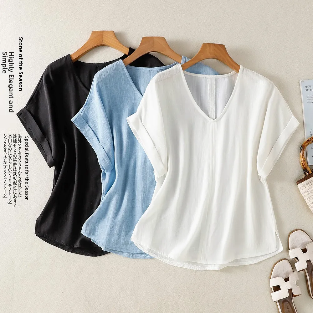 

High-End Large Size Women's Cotton Linen Short Sleeve T-Shirt V-Neck Base Shirt Spring Summer New Style Fashionable Commute