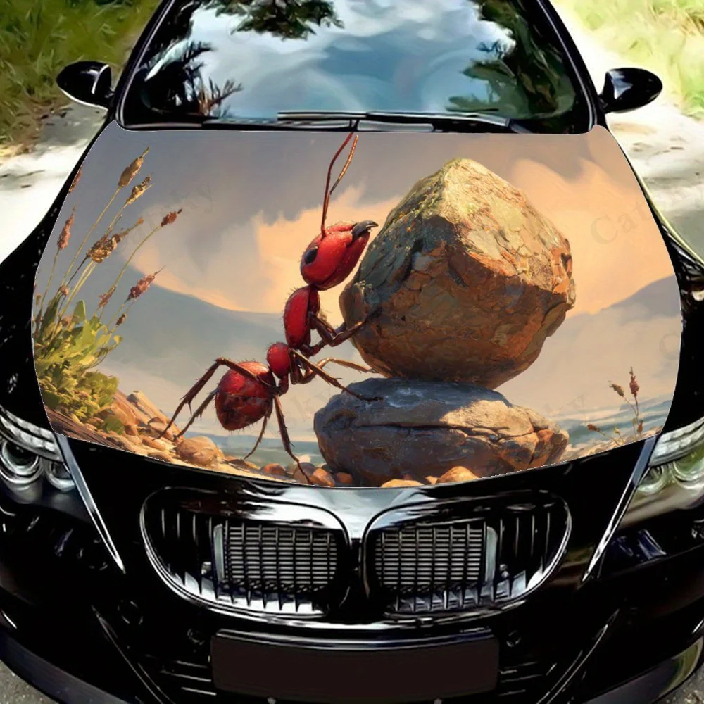 

Trendy Red Ant Pushing Stone PVC Car Vinyl Wraps, Self-Adhesive Waterproof Car Hood Decal Sticker, Car Decoration Protection Sti