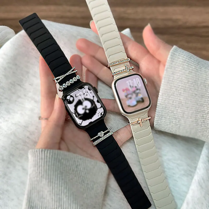 الديكور + المغناطيسي سيليكون سوار حزام ل سوار ساعة أبل الترا 2 45 مللي متر 44 مللي متر 40 مللي متر 42 مللي متر 46 مللي متر 41 مللي متر IWatch سلسلة 10 SE 9 8 7