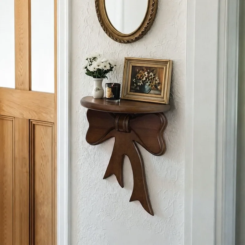Retro walnut shelves, cute bow decoration wall-mounted storage living room room aromatherapy display shelves