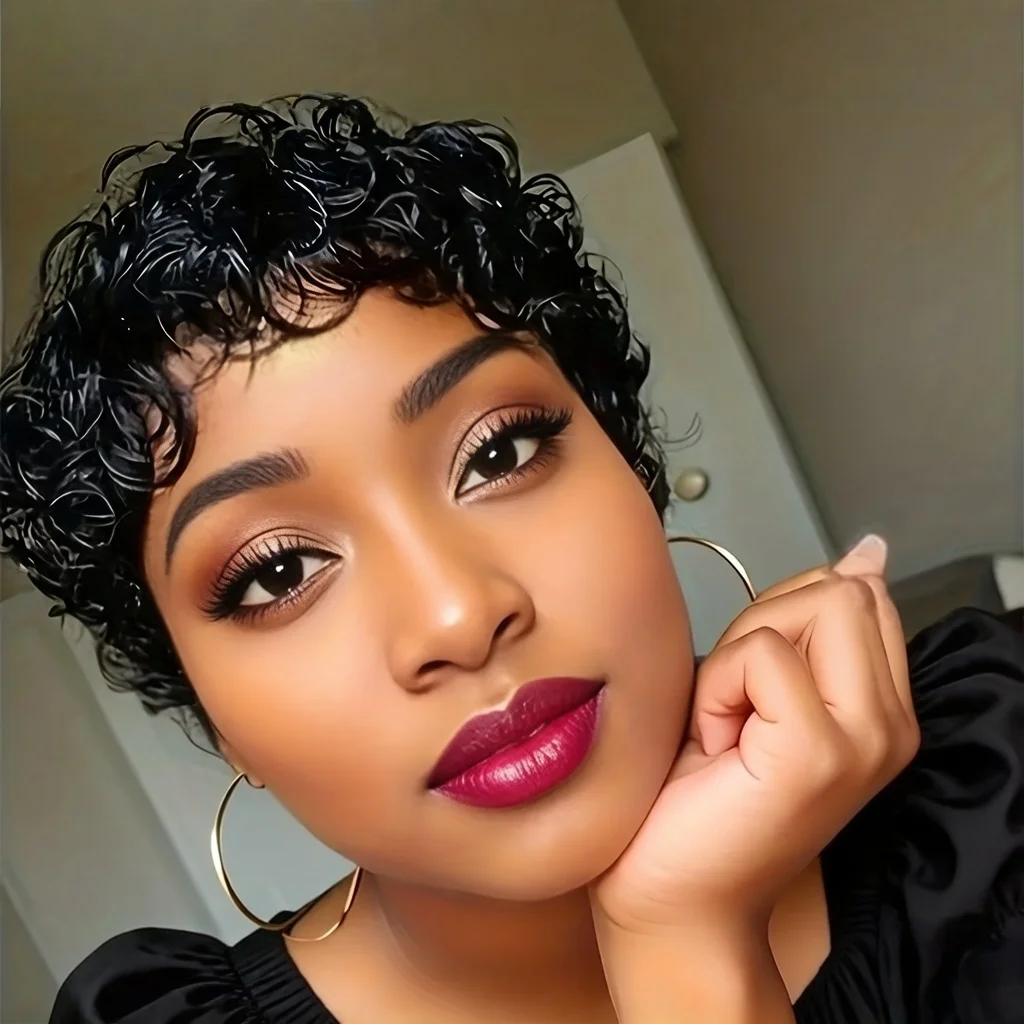 

Женский парик из натуральных волос, 6-дюймовый, с прической пикси, кудрявыми волнами и естественным видом, плотность 180%, полностью машинной работы, для повседневного использования