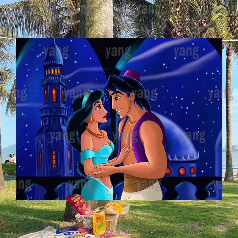 Disney Aladdin Princess Jasmine And Prince Cartoon Custom Blue Castle Glitter Backdrop Photography Background Birthday Party