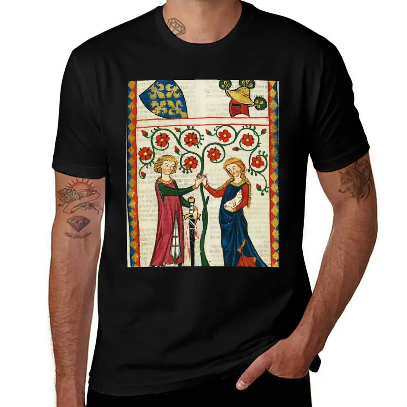 GERMAN POET WITH HIS BELOVED LADY ,MEDIEVAL MINIATURE WITH WILD ROSES T-Shirt luxury t-shirt mens t shirts