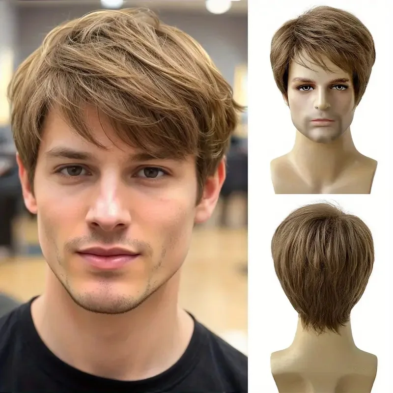 Peluca Sintética para Hombre - Cabello Corto Liso Marrón con Franja Lateral, Estilo Europeo y Americano, Fibra Resistente al Calor