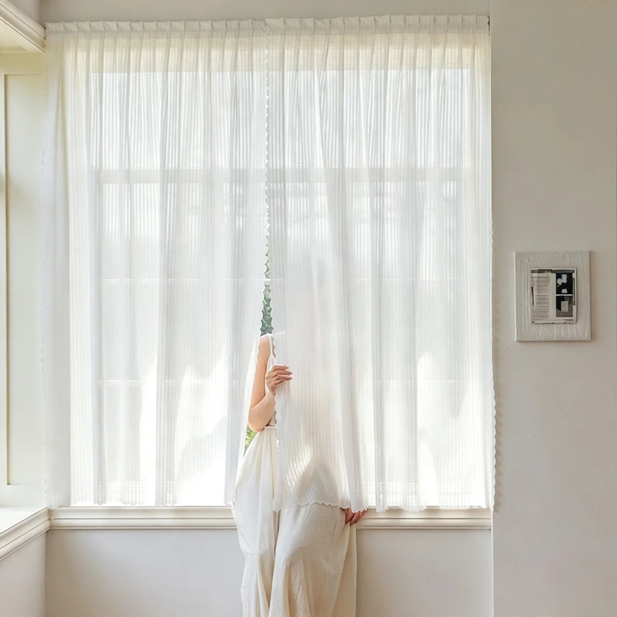 2pcs Rod Pocket White Vertical Stripe Sheer Curtains, Korean Cream INS Style, Wave Trim Light Filtering Window Sheer for Bedro