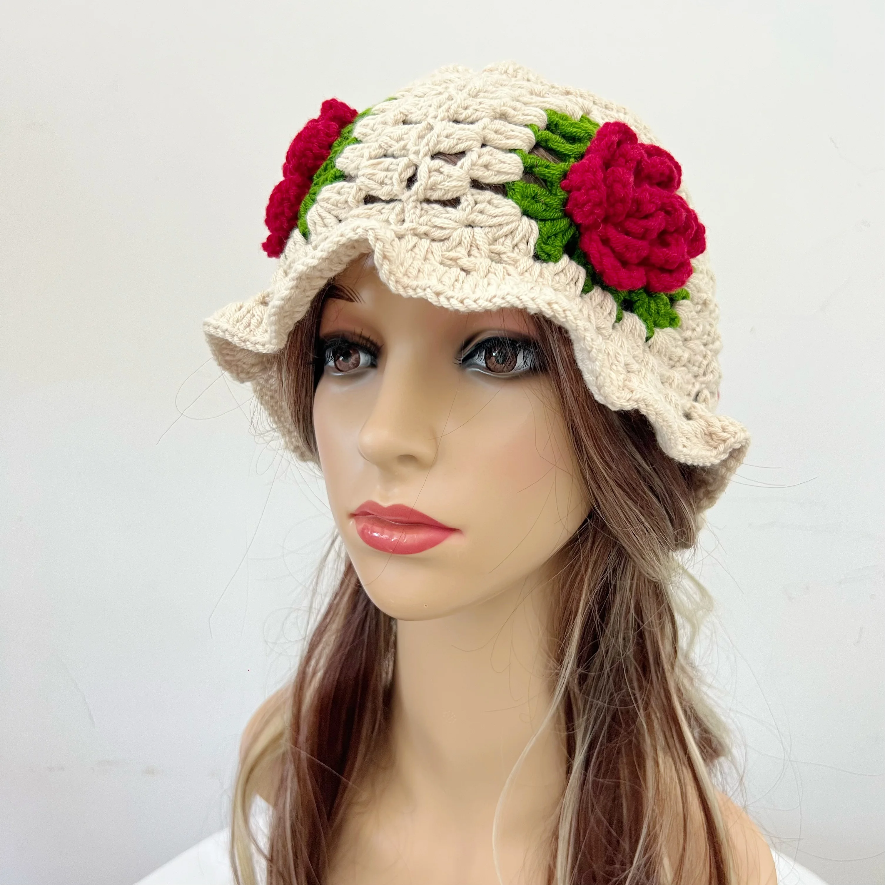 Three-Dimensional Rose Flower Women's Fisherman Hat Autumn and Winter Handmade Knitted Retro Flower Bucket Hat