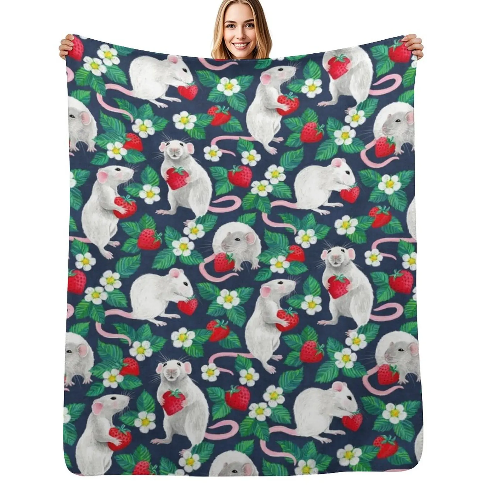 

Rats Love Strawberries on navy blue Throw Blanket Cozy Home Blanket Gift for Christmas Holiday
