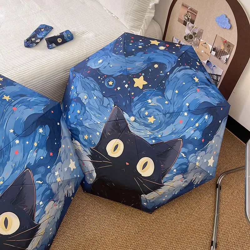 Starry Sky Cat Fully Manual Automatic Five Fold Tri-fold Cute Dog Puppy Umbrella Vinyl Parasol Sun Umbrella Rain or Rain Gear