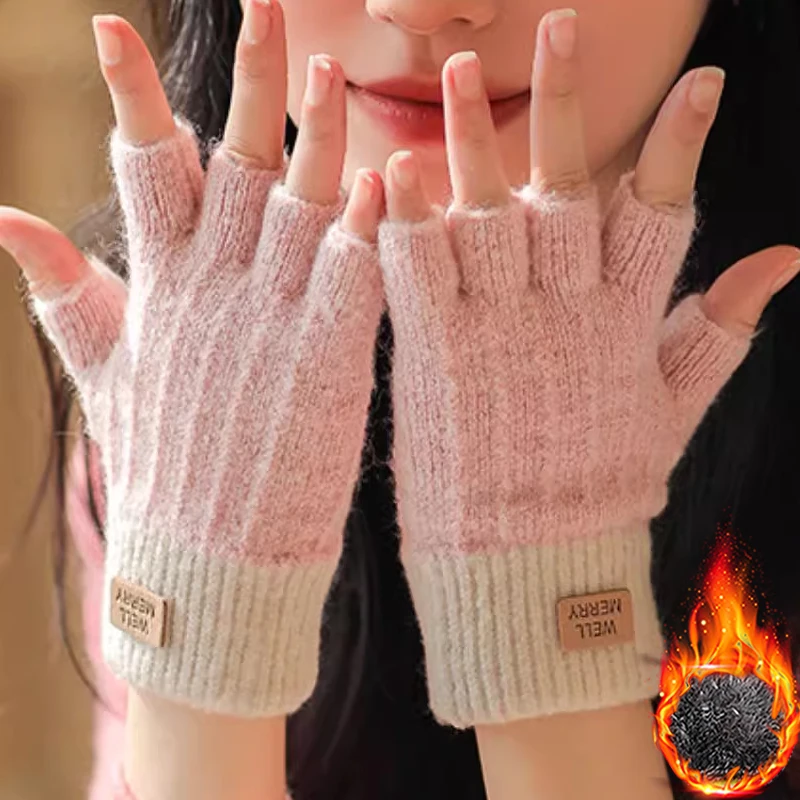 

Knitted Thick Thermal Half Finger Gloves Women Men Winter Outdoor Warm Wool Driving Fingerless Glove Touchscreen Mittens