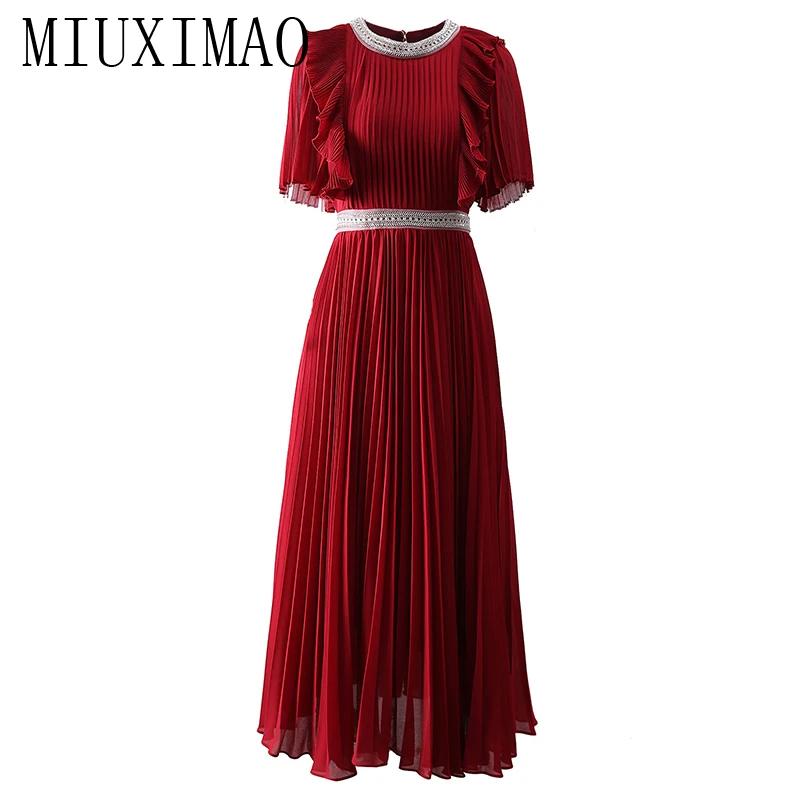 

MIUXIMAO 2024 Summer Elegant Dress Women's O-Neck Diamonds Short sleeve Travel Ruffles Slim Solid Wine red Long Dress Vestides