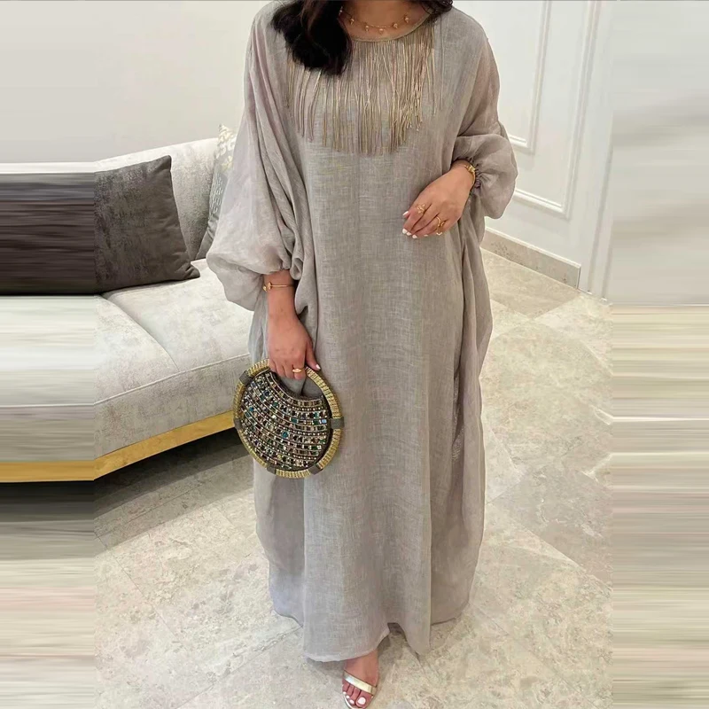 Elegancka jesienna sukienka z frędzlami z bawełny i lnu, wiosenna moda, luźna sukienka typu robe z dekoltem w serek, damska codzienna sukienka z rękawami nietoperzowymi, długa sukienka w jednolitym kolorze.