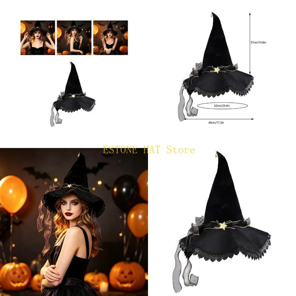 49MF Halloween witch hat with ribbon trim and pointed top for adult costumes