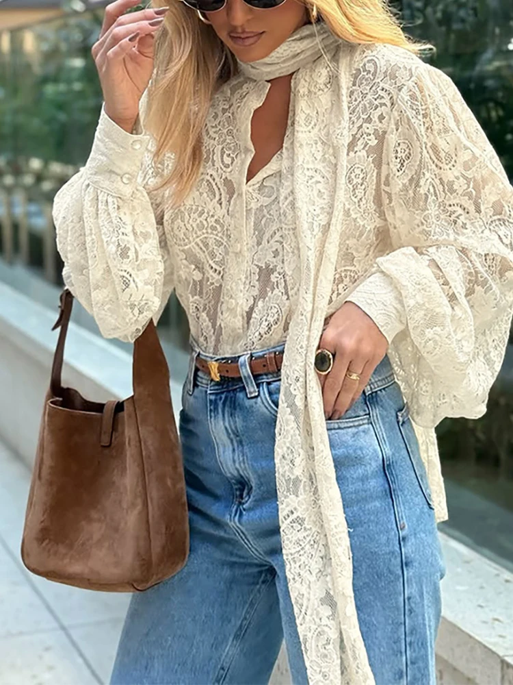 

Модная однотонная блузка с лентами, весна 2026, французский стиль, кружевная уличная рубашка, повседневная женская блузка с длинными рукавами-фонариками для работы