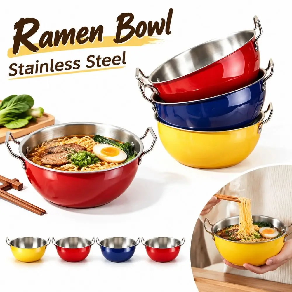 New Stainless Steel Ramen Bowl Thickened Heat-Insulating Soup Bowl Double Ear Handles Colorful Mixing Bowl Daily Use