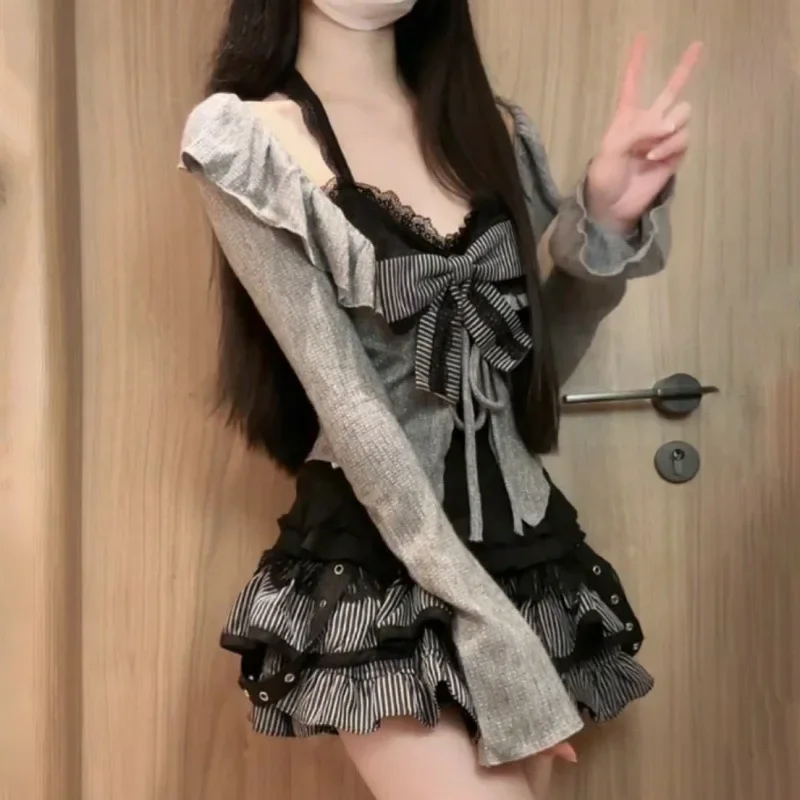 جديد وصول فتاة حار أسود الدانتيل حزام رمادي سترة مشغولة من الصوف أعلى تنورة قصيرة ثلاث قطع مجموعة كعكة تنورة أزياء المرأة