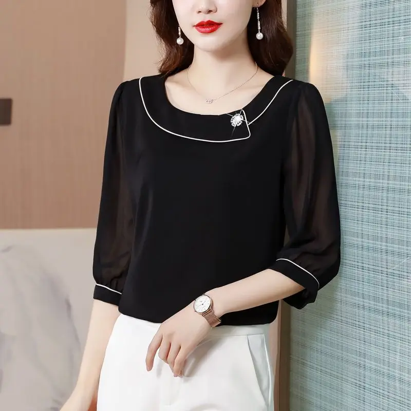 Oversized Chiffon Ladies Fashion Diamonds O-neck Half Sleeve Blouse Summer Simplicity Bright Line Decoration Pullover Shirts