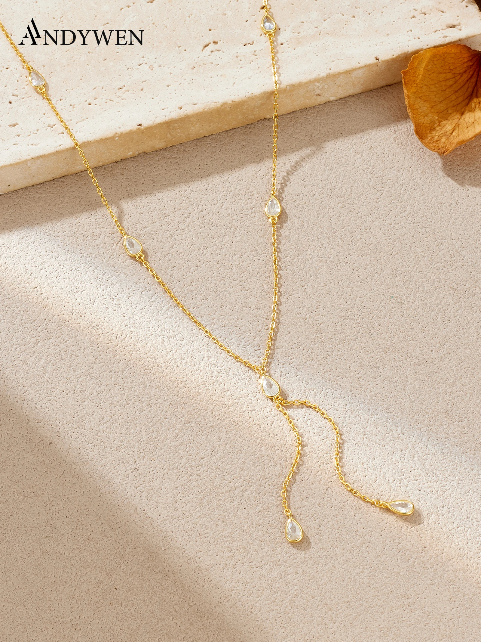 ANDYWEN Y-Halskette aus 925er Silber mit tropfenförmigen CZ-Fransen, Zirkonia-Kette im Marquise-Schliff, eleganter Schmuck für Frauen, inklusive Geschenkbox