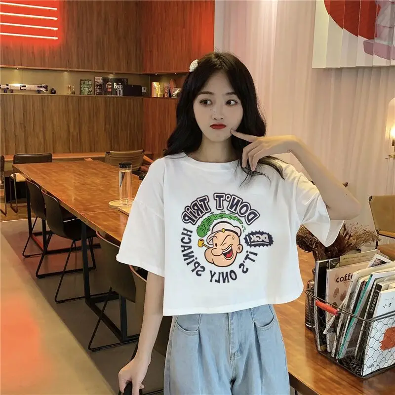 Or Sve Slim Fit Camiseta Mujer Verano Moda Cintura Alta Crop Top Blanco Efecto Adelgazante redondo Ne Commute Sle Polyes...