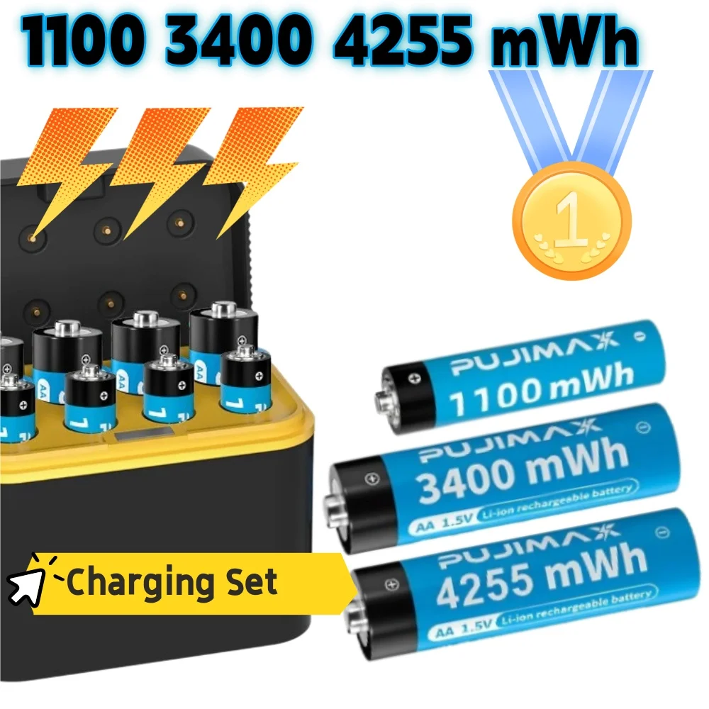 Fast Charger AA/AAA 4255mWh/3400mWh 1.5V Li-ion Rechargeable Batteries with 8 Slots & High Capacity, Complete Charging Set