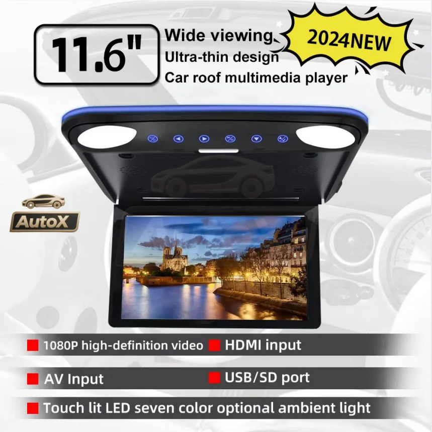 Auto X 11.6 / 13.3 / 14 Inch Car Monitor 1080P Video HD IPS Wide Screen Ultra-thin Mounted Car Roof Monitor Player Built HDMI in