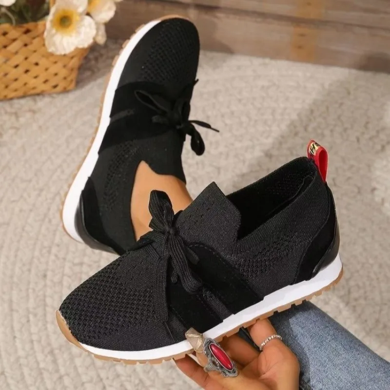 

New Black Knit Breathable Womens Sneakers Shoes New Platform Flats Woman Plus Size 43 Non Slip Casual Shoes Mesh Tenis De Mujer