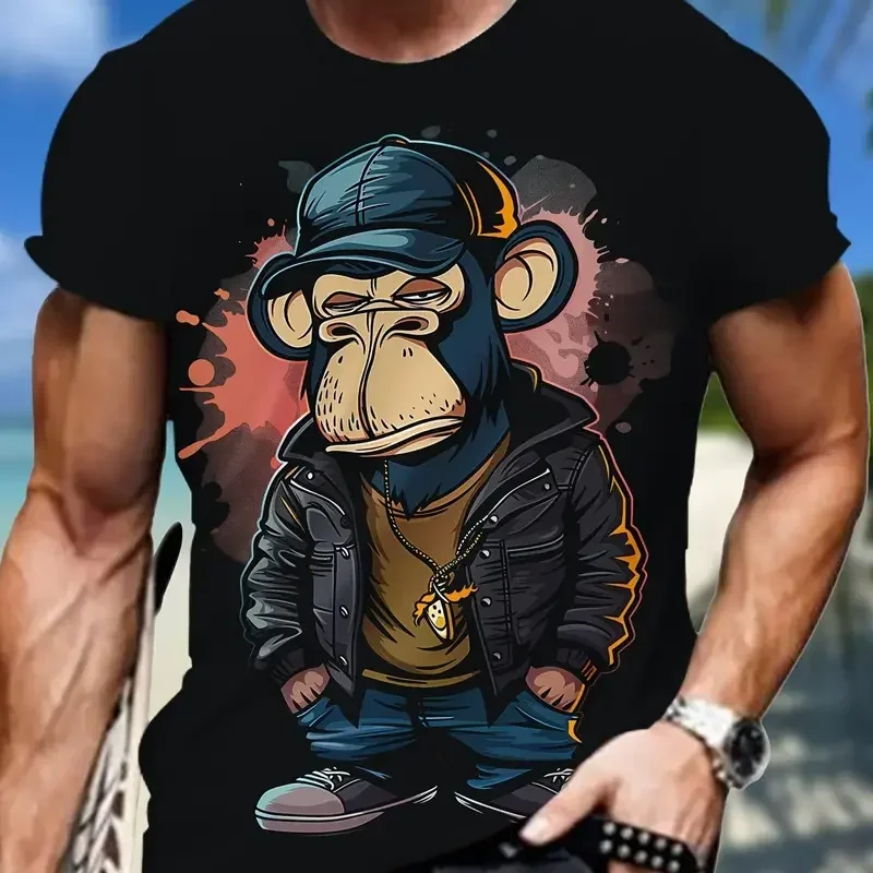 Fashoin Short Sleeve T-shirt For Men Loose Fit Monkey Graphic Pullover Men Tshirts High Elastic