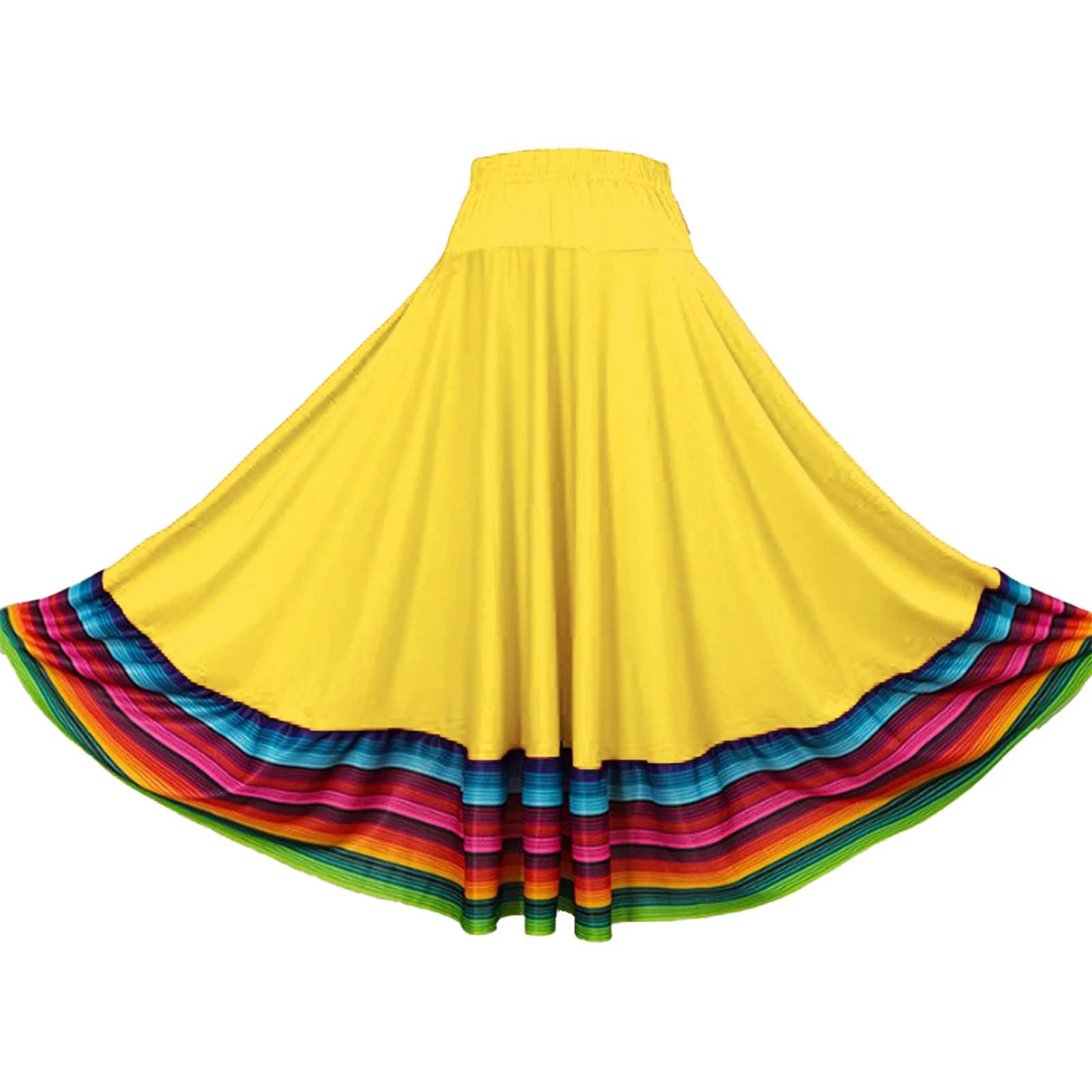 Womens Spanish Mexican Flamenco Folk Dance Skirts Flamenco Ballroom Dance Performance Costume Stripe Hem Wrinkle Long Maxi Skirt