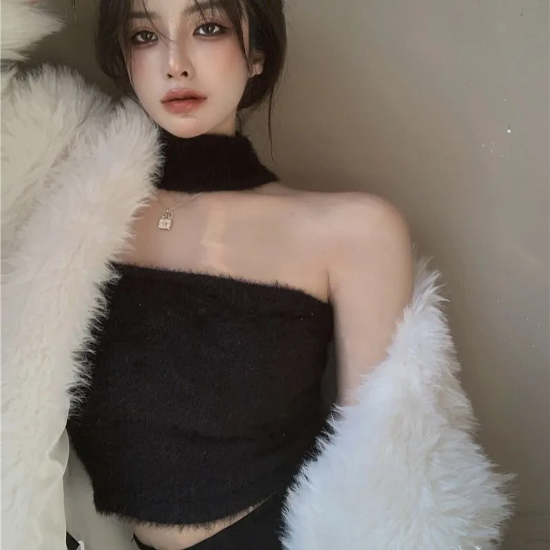 Halter Neck Sexy Tanks Women Hot Chic Nightclub Style Ulzzang Streetwear Off spalla Solid Slim nero bianco femminile panno di base