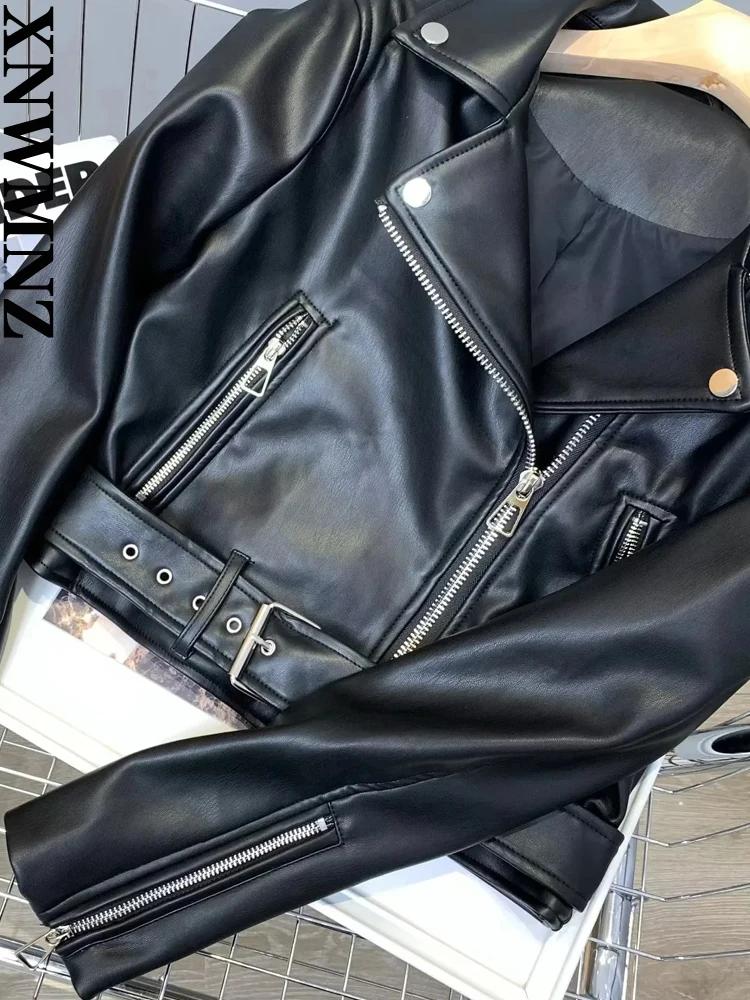 XNWMNZ 2022 Women Fashion Black Faux Leather PU Jacket Woman Belt Zipper Slim Fit Short Outerwear Female Chic Jacket