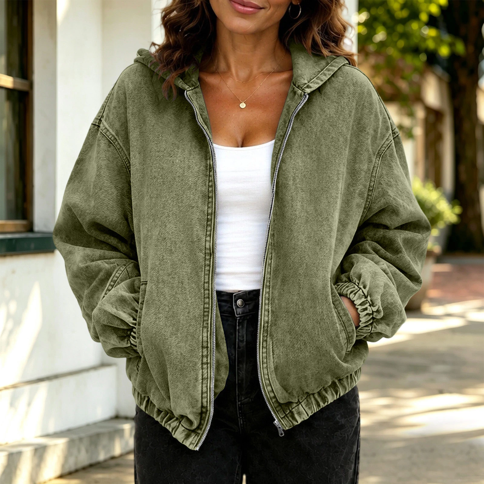 Women Loose Hooded Denim Jacket Autumn Winter New Casual Long Sleeve Zip Up Coat Personality Streetwear Denim Outerwear Top
